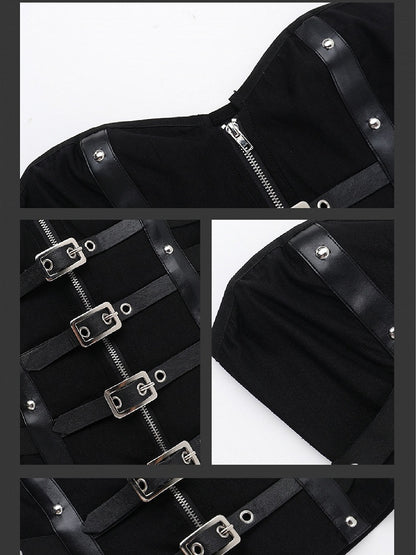 Gothic Punk Black Zip Closure Bustier Top with Buckle Strap Accents