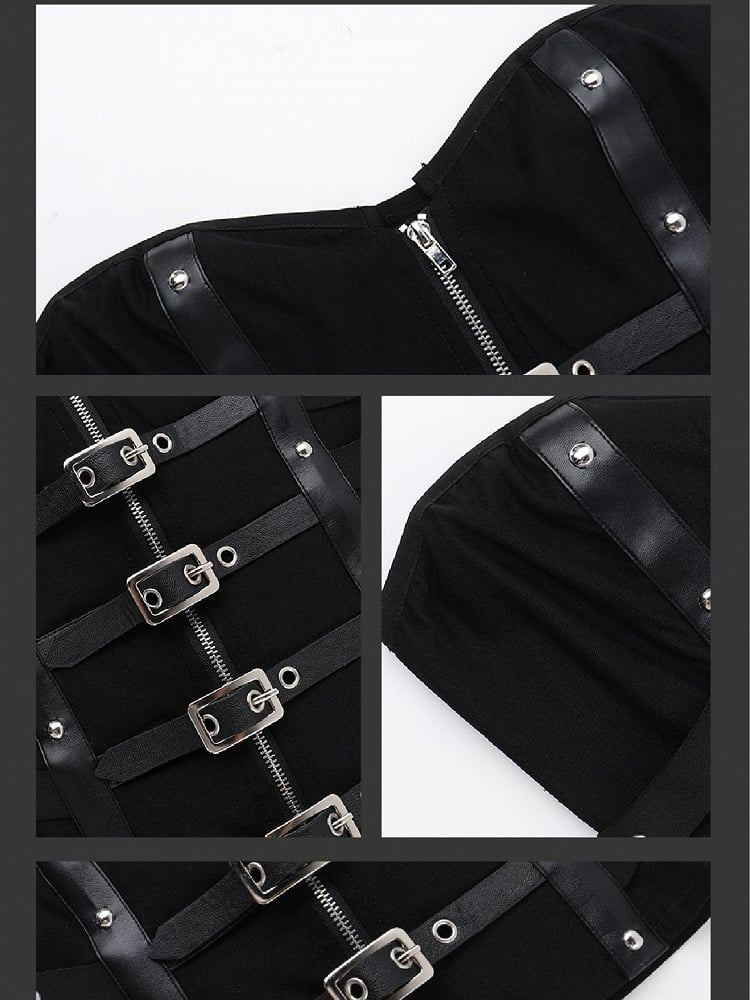 Gothic Punk Black Zip Closure Bustier Top with Buckle Strap Accents