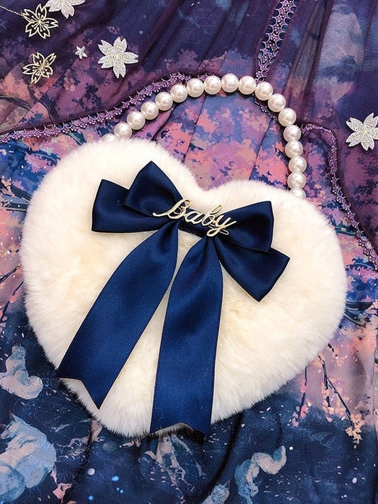 Lolita Plush Heart-Shaped Hand Bag with Bowknot and Bead Handle – 11 Color Options