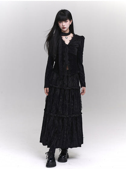 Gothic Black Lace V-Neck Slim-fitting Top