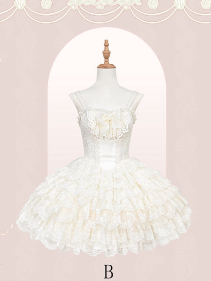 Creamy White Princess Embroidered Scallop Trim Tiered Skirt Lolita Dress