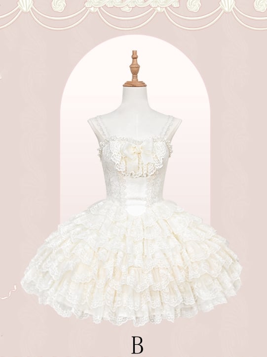 Creamy White Princess Embroidered Scallop Trim Tiered Skirt Lolita Dress