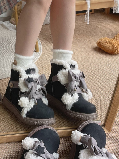 3cm Sole Black Ankle Boots for Lolita with Gray Bow Accents, Star Applique & Lace-Up Design