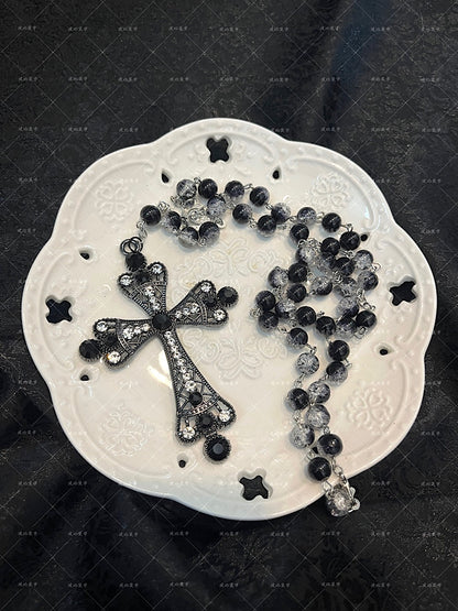 Black Gothic Rhinestoned Cross Pendant Beads Necklace