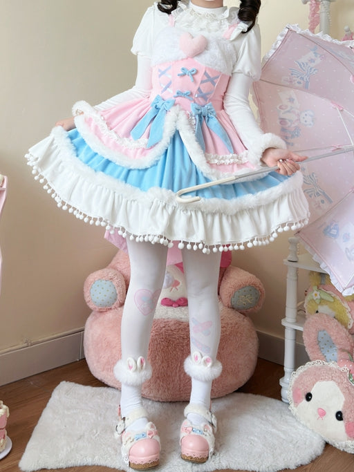 Plush Trimming Pink Sweet Lolita Dress for Autumn and Winter