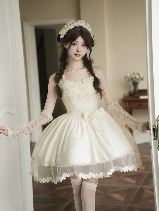 Boned Basque Waist Beige Summer Self-tie Halter Neck Short Dress