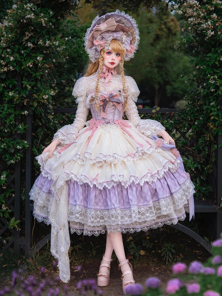 Purple and Pink Boned Corset Top + Tiered Skirt Gorgeous Hime Lolita Full Set