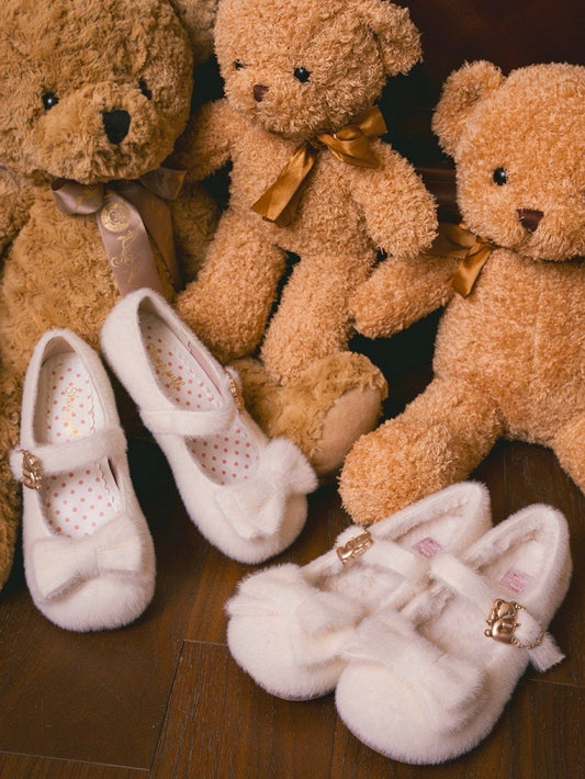 Regular/Thicken Version Off-white Sweet Lolita Plush Flats - Front Bow with Hugging Bear Heart Buckles