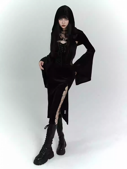 Gothic Black Velvet Side Slit Slip Dress with Bell Sleeves Hooded Top Set