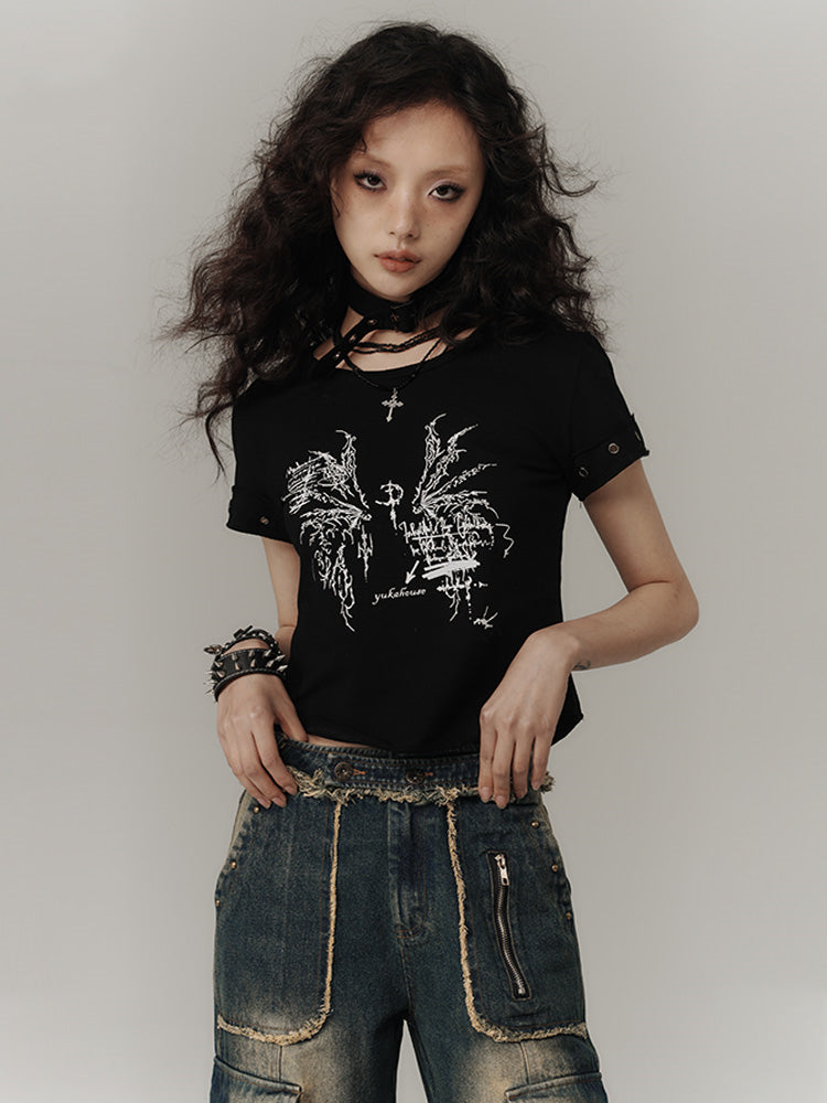 Black Wings Print Cotton Cropped T-shirt with Choker