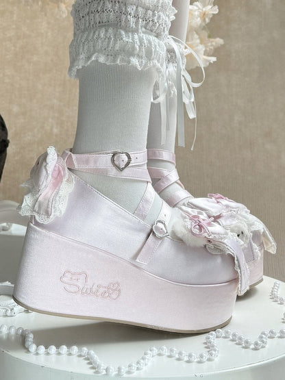 Platform Pink Mary Janes in Satin with Plush Teddy Ears, Bow Decor & Heart Buckles