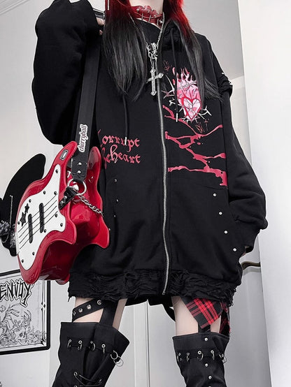 Black Guro Kawaii Heart And Letter Print Studs Decorated Cat Ear Zip-up Hoodie