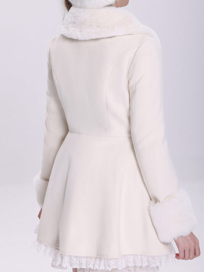 Creamy Jirai Kei Butterfly Buckles Closure Coat with Detachable Plush Collar and Cuffs