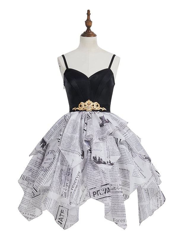 Newspaper Print Layered Handkerchief Skirt Elegant Dress Lolita Jumper Skirt