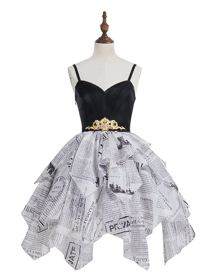 Newspaper Print Layered Handkerchief Skirt Elegant Dress Lolita Jumper Skirt