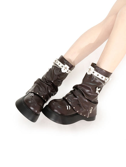 Dark Brown Punk Cross Decorated Heart Buckle Studs Details Platform Boots