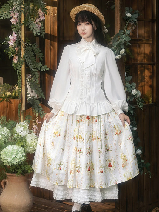 White Long Sleeves Lolita Blouse with Lace-Up Back and Ruffled Details