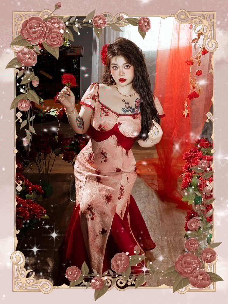Plus Size Mesh Patchwork Hem Red Rosette Print Dress Mermaid Skirt