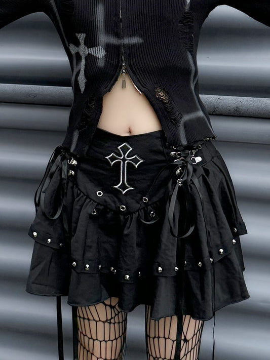 Gothic Punk Black Cross Applique Stud Accents Lace-up Detail Skirt