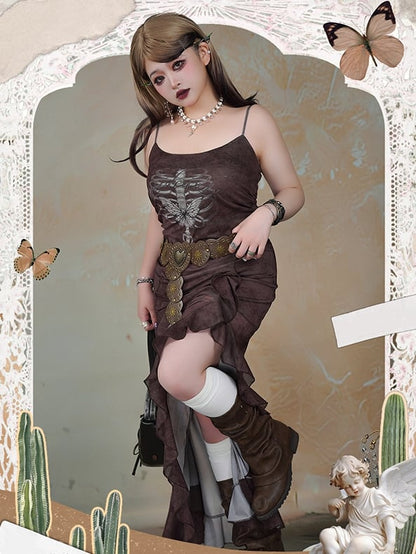 Plus Size Dark Coffee Butterfly Skeleton Print Wasteland Punk Side Slit Dress