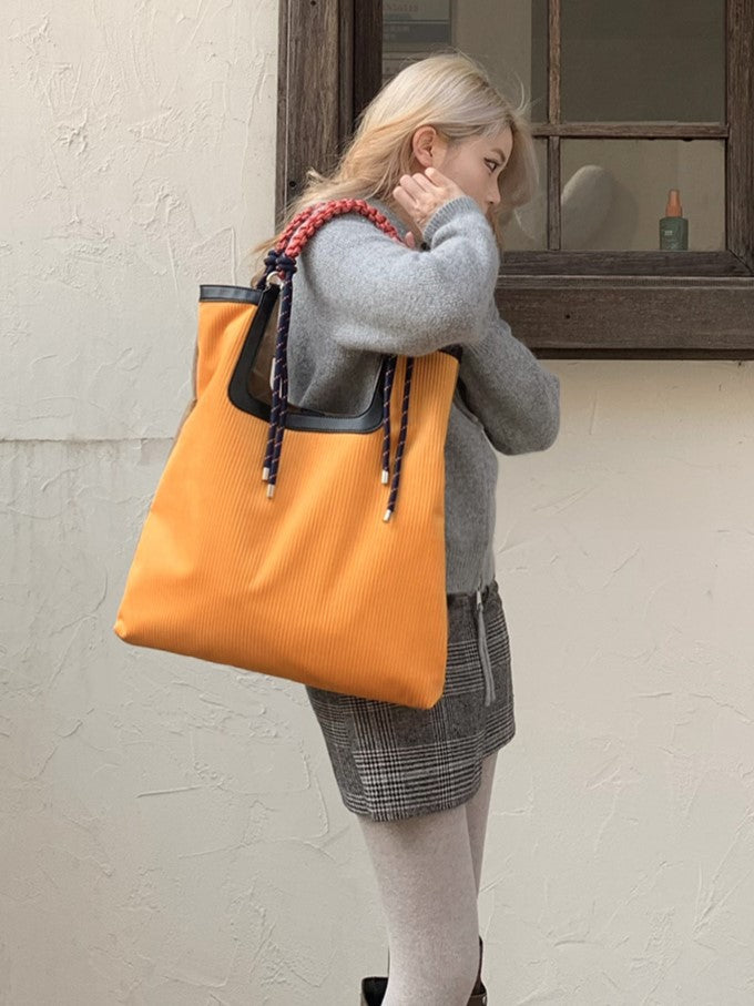 Sunny Yellow Woven Strap Corduroy Tote Bag With Large Capacity