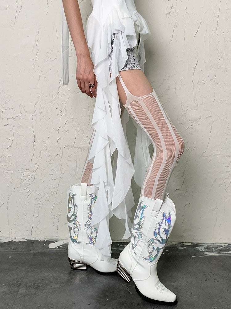 White/Black Y2K Striped Pattern Fishnet Suspender Tights
