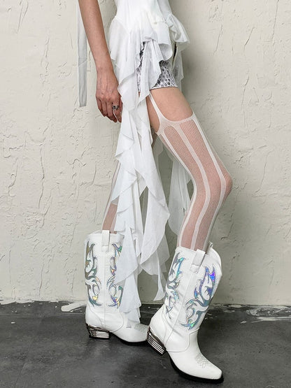 White/Black Y2K Striped Pattern Fishnet Suspender Tights