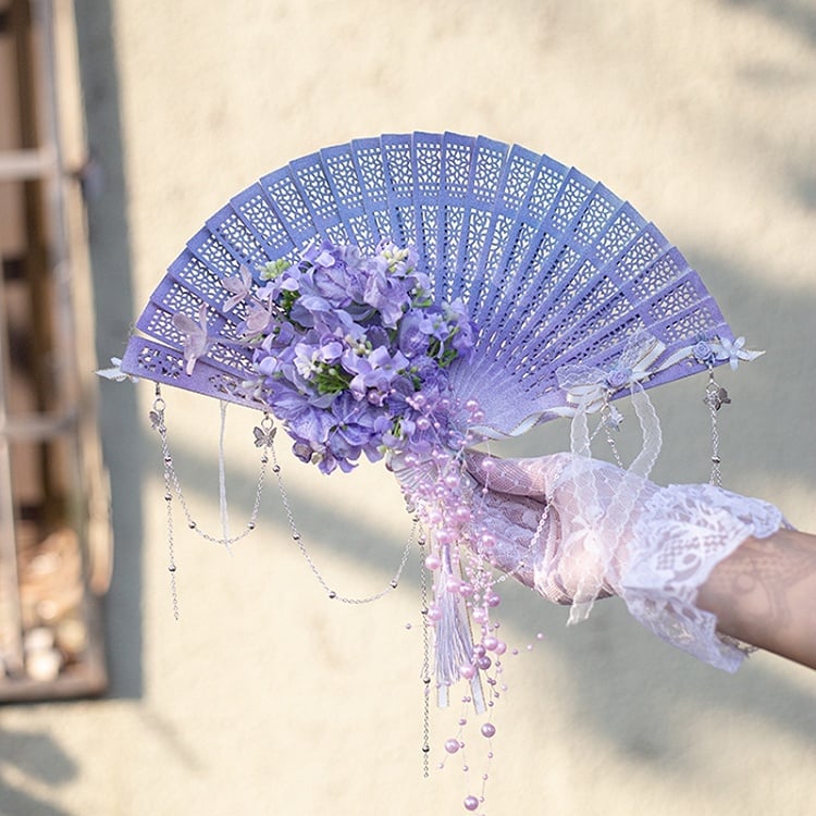 Purple/Green/Pink/Yellow Beaded Charm Floral Design Folding Fan