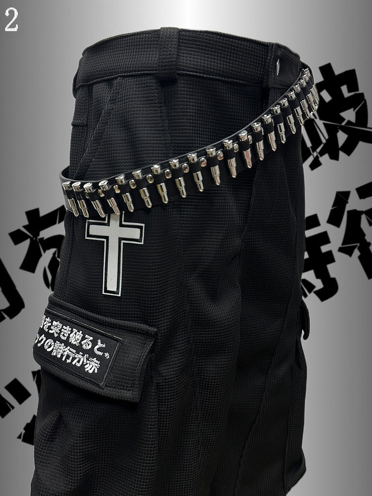 Black Punk Rock Cross And Letter Applique Cargo Pockets Decorated Wide-Leg Cargo Pants