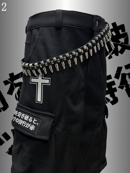 Black Punk Rock Cross And Letter Applique Cargo Pockets Decorated Wide-Leg Cargo Pants