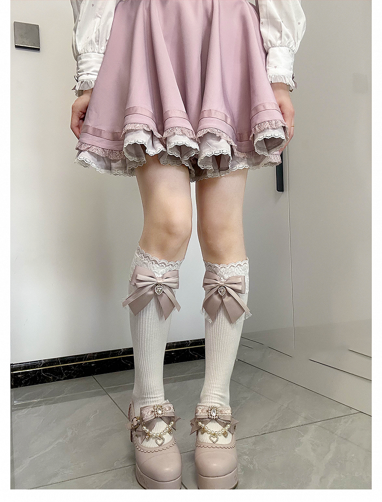 Dusty Pink Bow Detail Front Heart Rhinestone Jirai Kei Under Knee Stockings