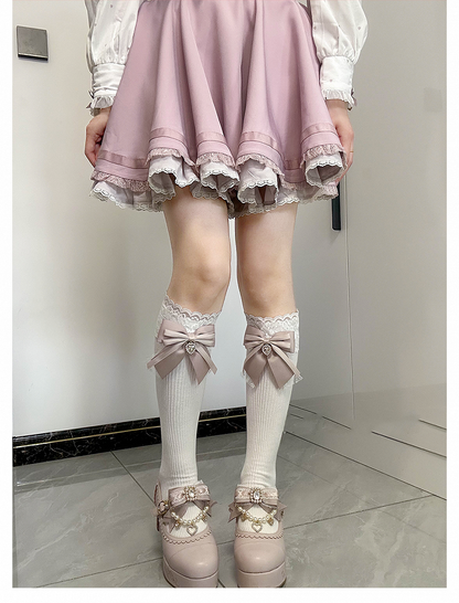 Dusty Pink Bow Detail Front Heart Rhinestone Jirai Kei Under Knee Stockings