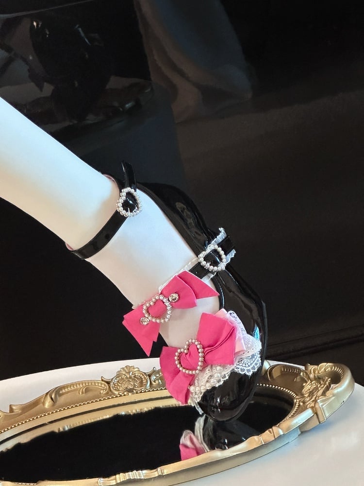 Black and Pink Gyaru Fashion Heart Cut-out Wedge Heels Mary Janes Jirai Kei Shoes