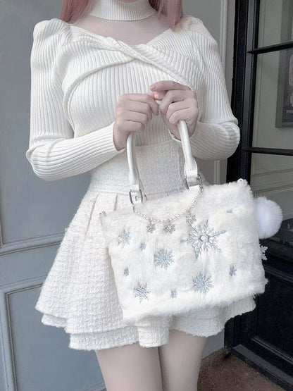 Light Blue Snowflake Embroidery Plush Tote Bag with Beaded Chain / Rhinestone Chain