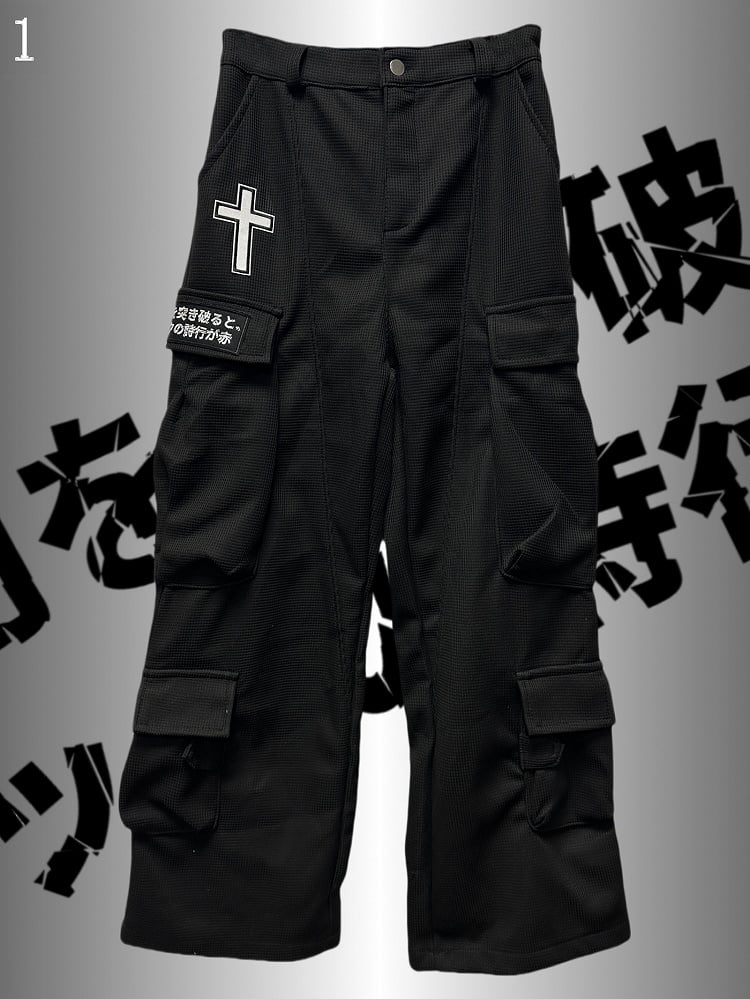 Black Punk Rock Cross And Letter Applique Cargo Pockets Decorated Wide-Leg Cargo Pants