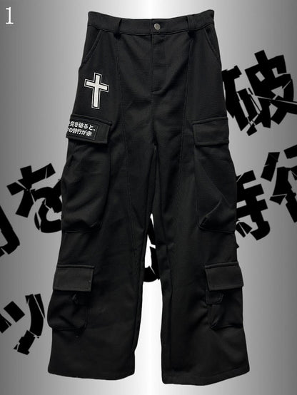 Black Punk Rock Cross And Letter Applique Cargo Pockets Decorated Wide-Leg Cargo Pants