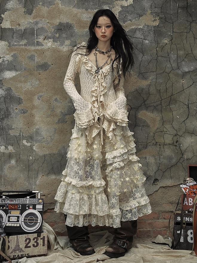 Apricot Vintage Ruffles Bell Sleeves Slim Fit Top