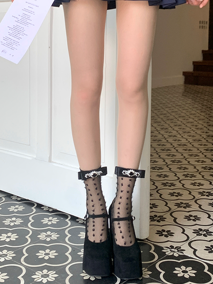 White/Grey/Black Rhinestone Bowknot Decorated Socks