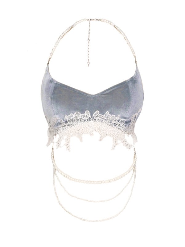 Lace Applique Dusty Blue Velvet Camisole with Detachable Bead Chains