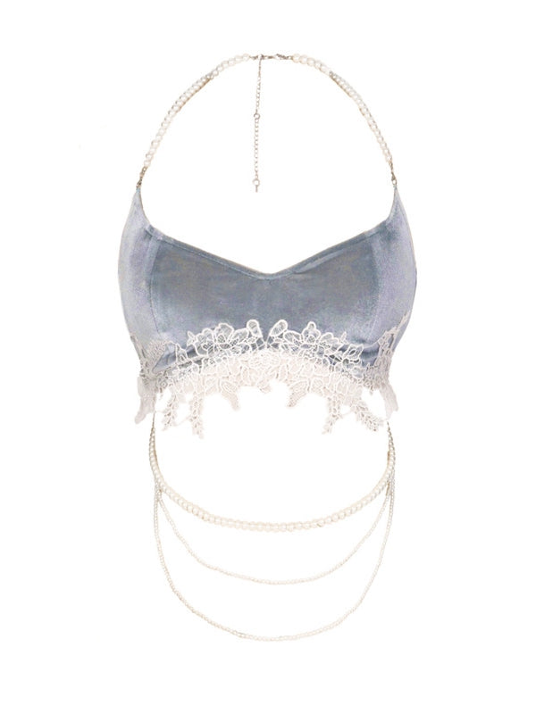 Lace Applique Dusty Blue Velvet Camisole with Detachable Bead Chains