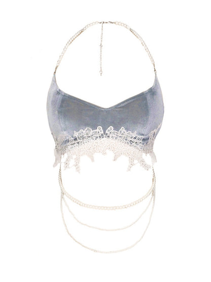 Lace Applique Dusty Blue Velvet Camisole with Detachable Bead Chains