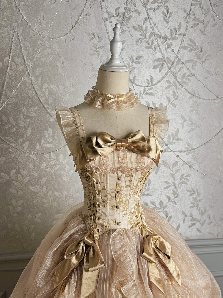Champagne Corset Waist Drawstring Overlay Skirt Lolita Jumper Skirt