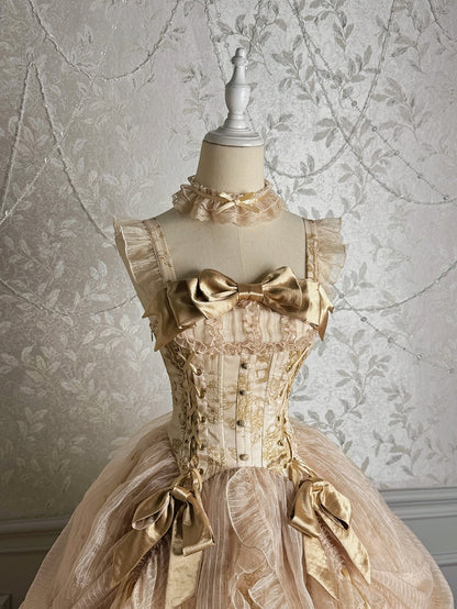 Champagne Corset Waist Drawstring Overlay Skirt Lolita Jumper Skirt