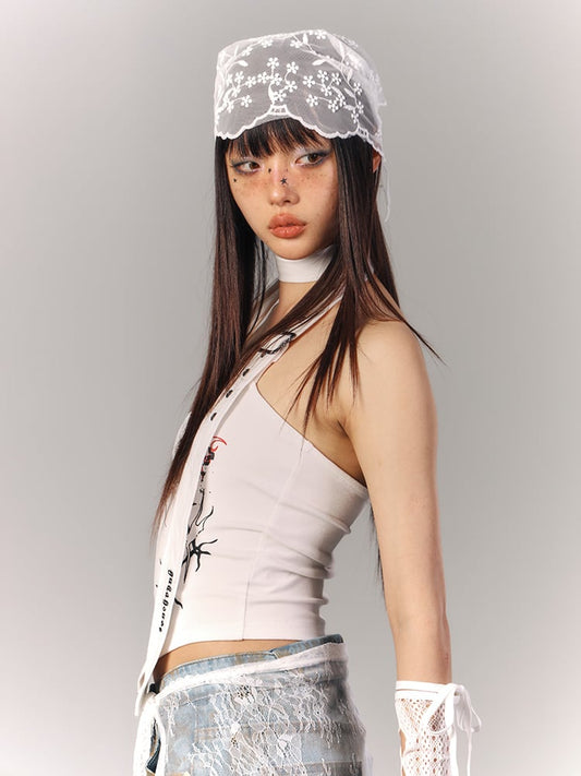 Cross Applique White Halter Neck Top Lace-up Detail