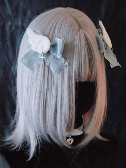 Cross Charm Blue and White Handmade Angel Wings Bowknot Hairclips