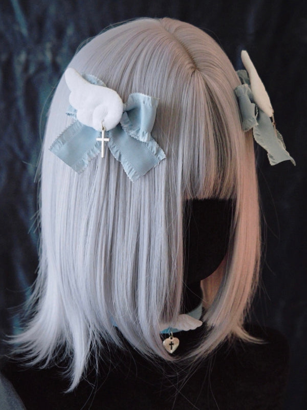 Cross Charm Blue and White Handmade Angel Wings Bowknot Hairclips