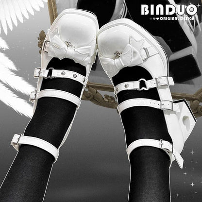 Gothic Wings Bow White Heart Hollowed Block Heels Punk Shoes