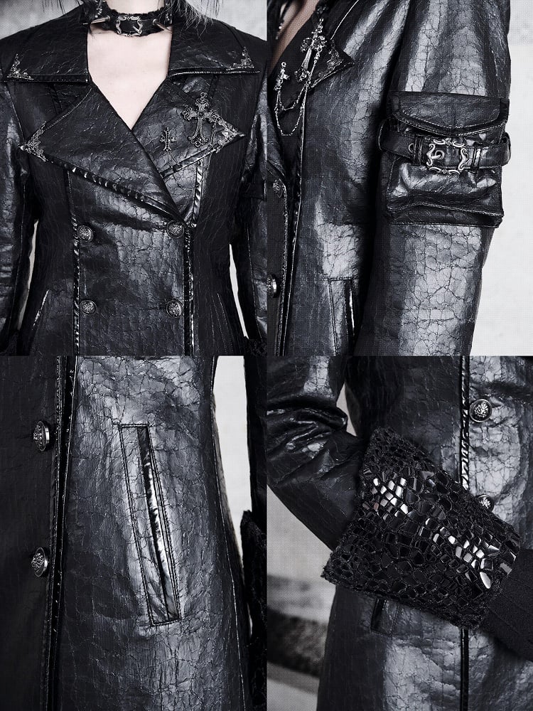 Black Goth Cracked Leather Trench Coat with Cozy Fleece Lining
