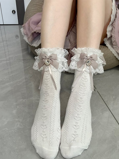 Jirai Kei Dusty Pink Bowknot and Heart Rhinestone Decoration Lace Cuffs White Cotton Ankle Socks