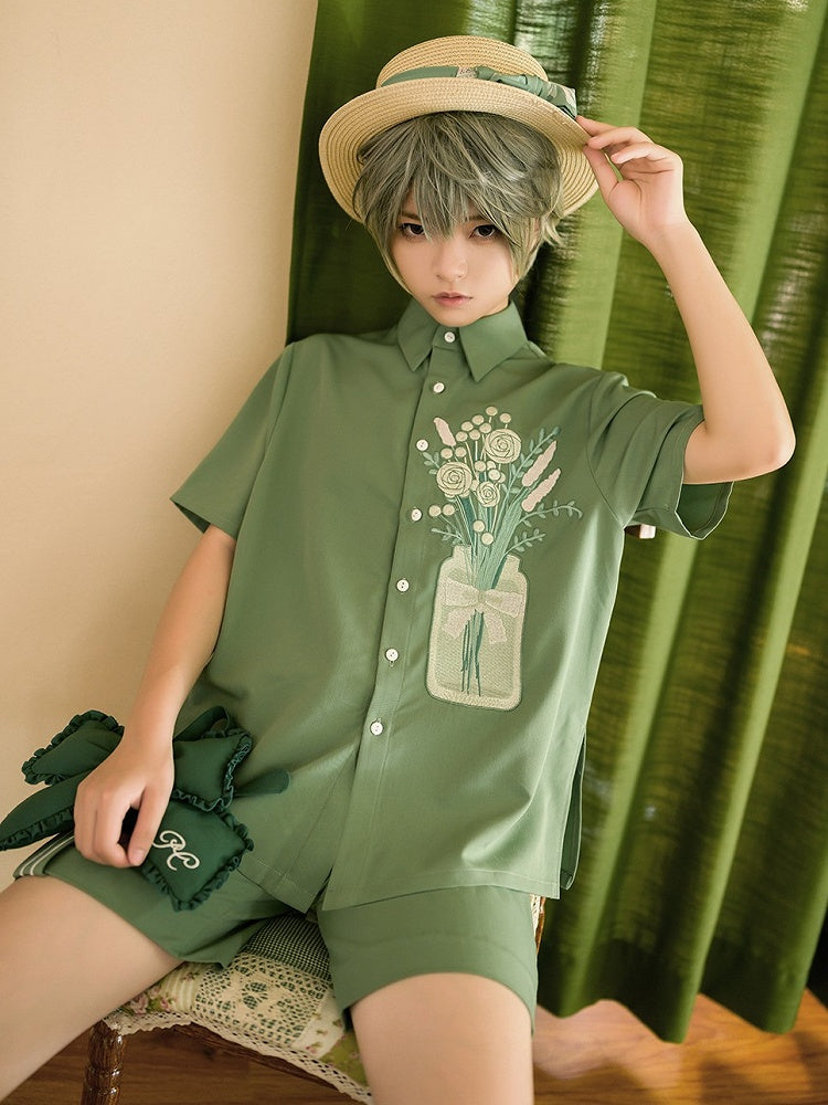 Season of Blossoms Bouquet Embroidery Ouji Lolita Green Shirt